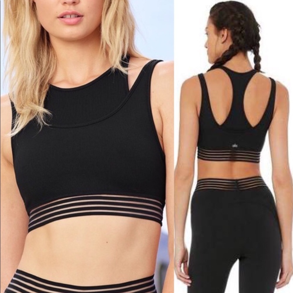 ALO Yoga Black Ribbed Sports Bra with Striped Band